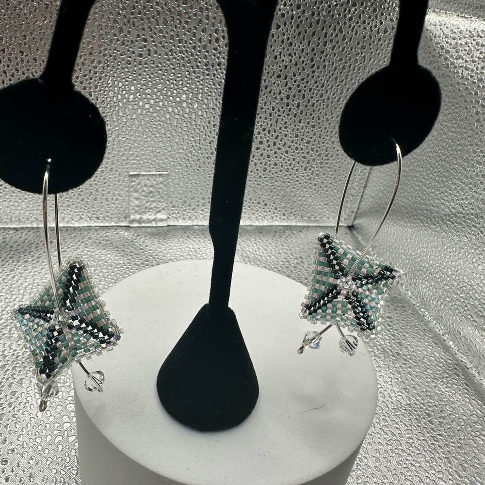 Elegant Silver and Green Miyuki Seed Beaded Warped Square Earrings
